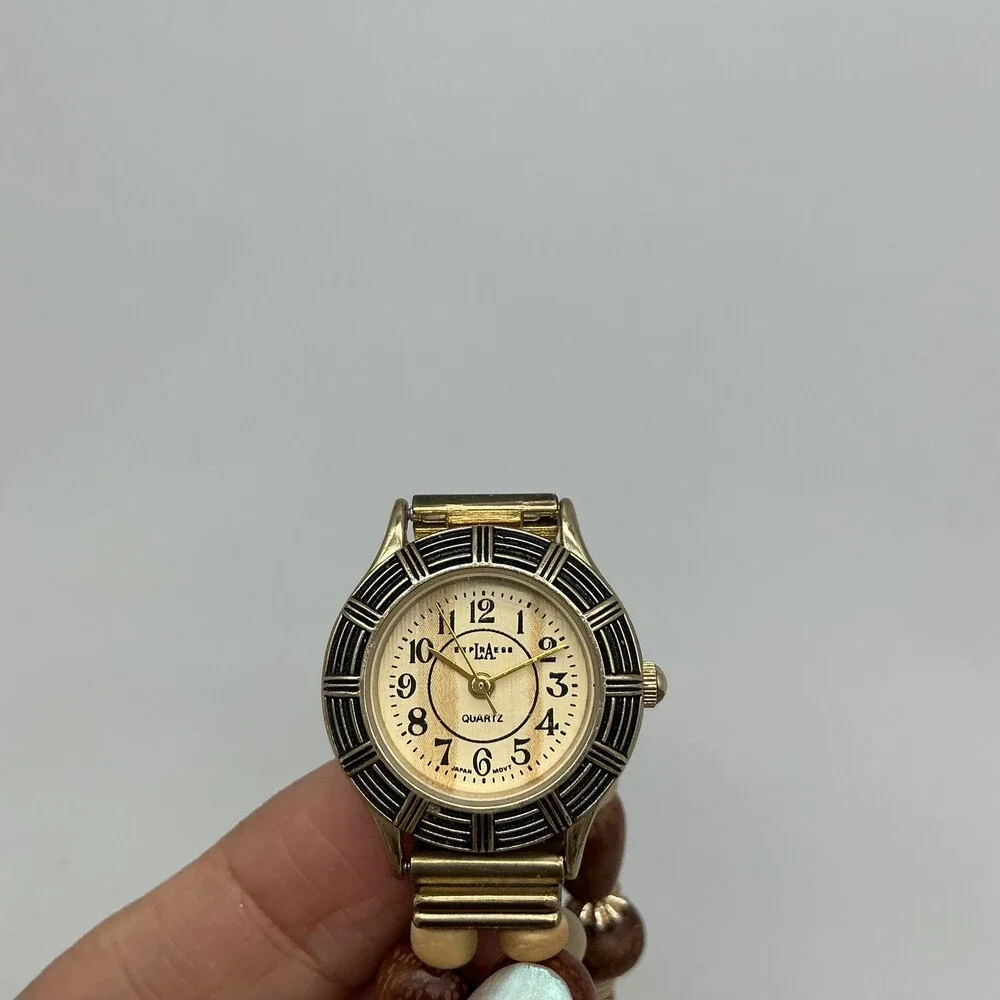 Express Womens Watch 24mm Brown Dial Wood Bead Bracelet New Battery